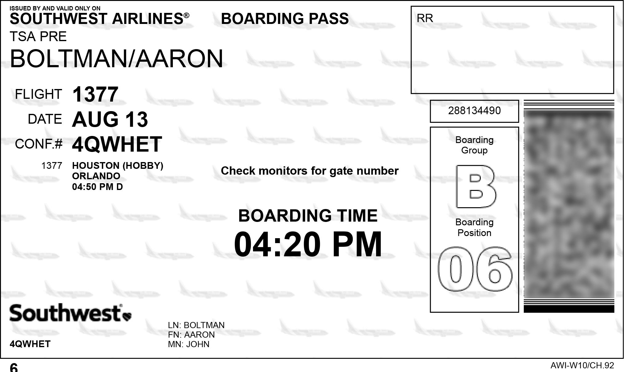 check southwest airlines boarding pass